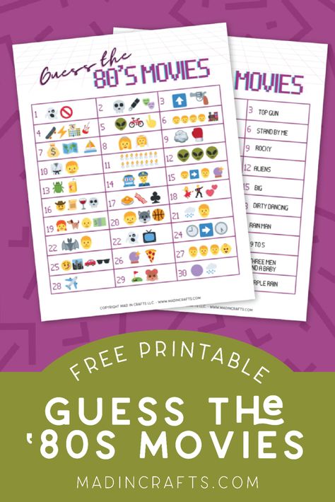 GUESS THE 80S MOVIE BY THE EMOJI - PRINTABLE GAME Crafts Mad in Crafts Decades Party, Game Crafts, 80 Games, Free Bingo Cards, Bingo Template, Movie Themed Party, Emoji Games, Music Trivia, 80s Theme Party