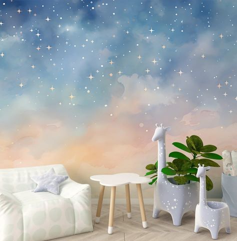 Room Clouds, Stick Stars, Sky Mural, Sky Gradient, Stars Watercolor, Sky Nursery, Ombre Wallpaper, Cloud Wall Decal, Sky Ceiling