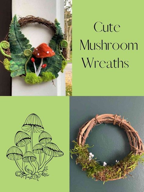 23 Mushroom Wreath Ideas - PinkPopDesign Mushroom Crafts For Adults, Yarn Mushroom Diy, Wreaths With Mushrooms, Spring Mushroom Wreath, Cottagecore Felt Crafts, Felt Wreath Ideas, Wreath With Mushrooms, Mushroom Diy Crafts Ideas, Mushroom Fall Decor