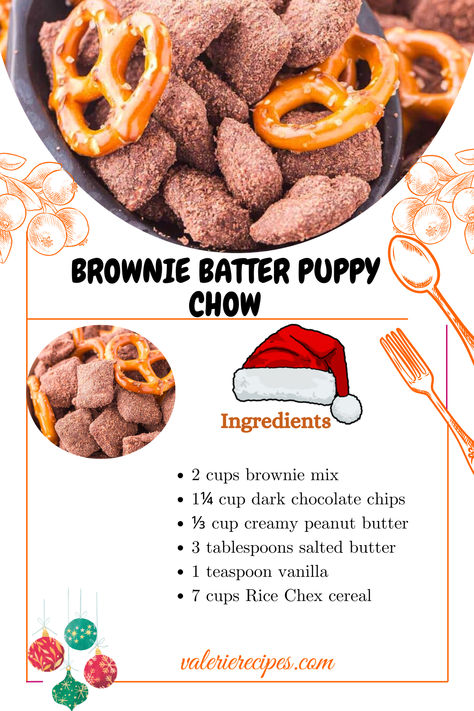 Imagine a snack that combines the rich, indulgent flavors of brownies with the satisfying crunch of Chex cereal. That’s exactly what you get with Brownie Batter Puppy Chow. This delightful treat is a perfect blend of chocolate and peanut butter, coated over crispy cereal, creating a snack that’s not only delicious but also visually appealing. Brownie Puppy Chow, Brownie Batter Puppy Chow, Thanksgiving Puppy Chow, Chex Puppy Chow Recipe, Flavored Pretzels, Christmas Puppy Chow, Puppy Chow Ingredients, Sweet Snacks Easy, Puppy Chow Chex Mix Recipe