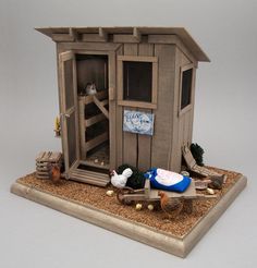 Carole and Larry Zydek of Tiny Timbers were new dealers at Good Sam in 2011. Their 1:12 scale structures include a Chicken Coop, Garden Shed... Cabin Dollhouse, Chicken Coop Decor, Fairy Garden Designs, Miniature Projects, Miniature Rooms, Dollar Tree Diy Crafts, Fairy Doors, Miniature Diy, Miniature Animals