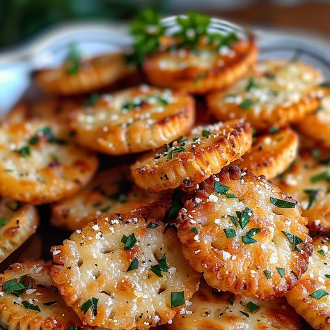 Parmesan Garlic Ritz Bites - Grammy Recipes Garlic Butter Ritz Bits, Easy Finger Foods For Small Gathering, Baked Garlic Parmesan Oyster Crackers, Garlic Crackers Recipe, Appetizer Recipes Using Ritz Crackers, Garlic Bread Ritz Cracker Bites, Garlic Parmesan Ritz Crackers, Garlic Bread Ritz Bitz, Garlic Ritz Bits Crackers