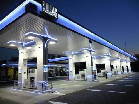 Modern Gas Station, Gas Station Design, Electric Station, Hvac Company, Station Service, Hvac Unit, Ev Charging Stations, Architecture History, Fancy Lights