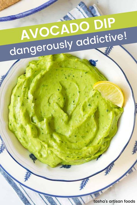 green avocado dip in a white and blue bowl with text overlay Easy Avocado Dip, Ripe Avocado Recipes, Avacado Dip, Creamy Avocado Dip, Avocado Sauce Recipe, Avocado Dipping Sauce, Avocado Dip Recipe, Avocado Recipes Easy, Creamy Avocado Dressing