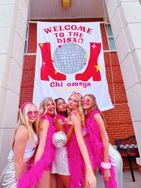 Sorority Disco Bid Day, Disco Bid Day Theme Sorority, Disco Banner Sorority, Welcome To The Disco Bid Day, Disco Theme Bid Day, Disco Sorority Theme, Chi Omega Banner, Disco Bid Day Theme, Sorority Formal Themes