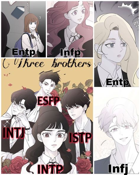 #mythreebrothers #mbti #intp #infp #infj #intj #istp #esfp #entp #manhwa #manga #anime Intp Esfp Relationship, Infj Manhwa Characters, Infj X Intp Relationships, Intp X Infj, Intp X Istp, Istp Intj, Intp Aesthetics, Istp Intp, Gambit Aesthetic