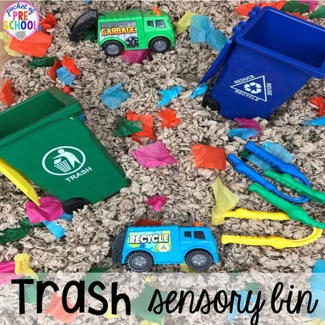 Trash sensory table! Community Helper themed activities and centers for preschool, pre-k, and kindergarten. Plus FREE community signs & fire printable. Sensory Play Community Helpers, Reduce Reuse Recycle Sensory Bin, Occupation Week Preschool, Garbage Sensory Bin, Neighborhood Sensory Bin, Trash Sensory Bin, Recycling Week Activities Toddlers, Police Officer Sensory Bin, Community Helpers Outdoor Activities