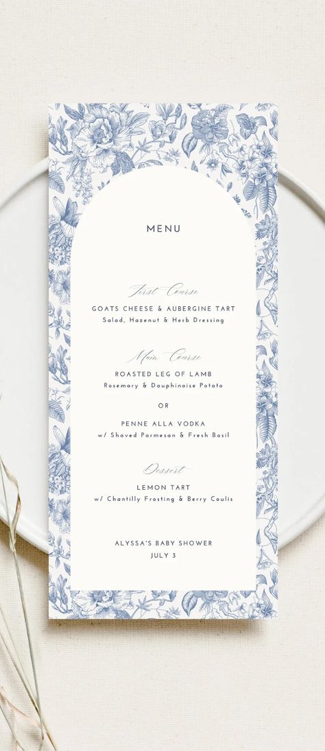 Elegant Toile Menu Card Vintage Baby Shower Menu Template Dusty Blue Bridal Shower Place Card Blue Floral Chinoiserie Party Menu Editable - Etsy Menu Design For Party, Dusty Blue Modern Wedding, Blue And White Wedding Seating Chart, Blue Wedding Menu Cards, Blue Menu Design, Chinoiserie Baby Shower Theme, Light Blue Graphic Design, Vintage Menu Design, Blue Invitation Template