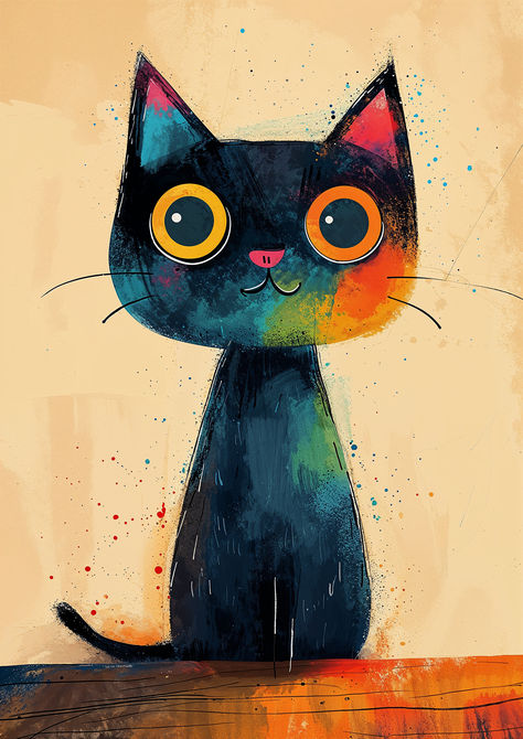 Elevate your space with the playful spirit of our vector illustration, where a colorful cat's wide-eyed wonder is splashed with an exuberant spectrum of shades. Whimsical Cat Drawings, Cat Illustration Cute, Colorful Cat Art, Cat Illustration Art, Modern Cat Art, Black Cat Illustration, Cactus Paintings, Cat Art Painting, Poster Color Painting