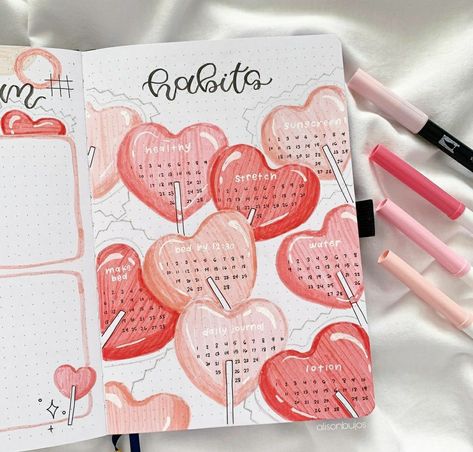 Doodle Bujo Journal Ideas, Journal Ideas Things I Love, Journal Ideas Love, Journaling Tracker, February Habit Tracker, Self Love Journal Ideas, Aesthetic Habit Tracker, Month Themes, Polaroid Book