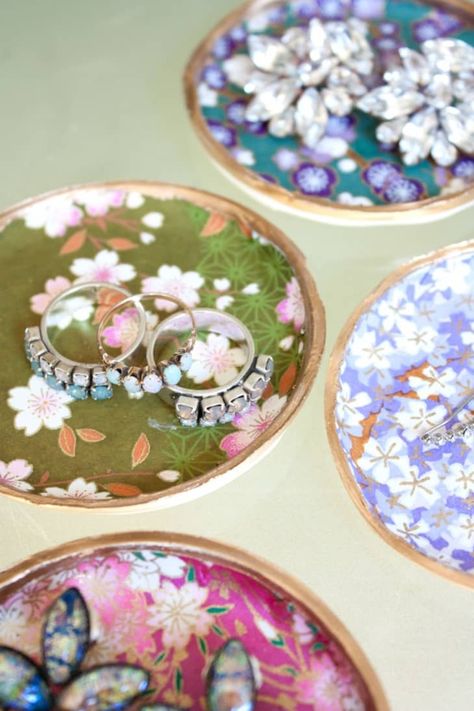 Decoupage Furniture + Paper Ideas | Apartment Therapy Decoupage Trinket Dish, Diy Painted Jewelry Dish, Decoupage Vanity, Modern Decoupage, Diy Ring Dish, Diy Decoupage Plates, Clay Dishes, Decoupage Jewelry, Coaster Projects