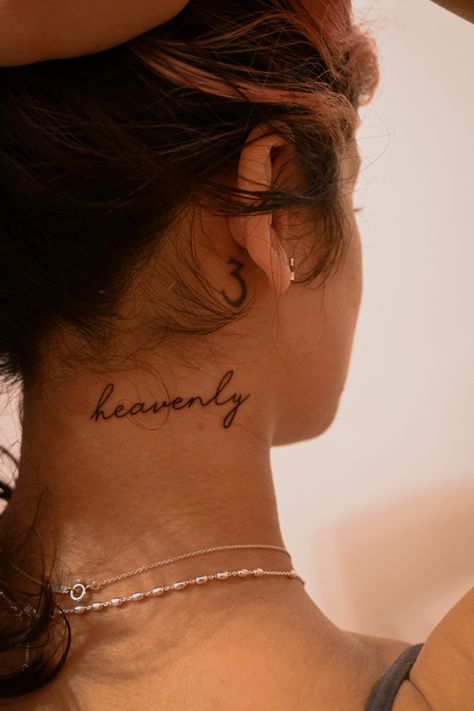 Her Neck Tattoo, Tattoo On The Side Of Stomach, All Red Ink Tattoo, Words Neck Tattoos Women, Cursive Tattoos Quotes, Small Rose Tattoo On Neck, Muse Neck Tattoo, Womens Edgy Tattoos, Bohemian Shoulder Tattoo