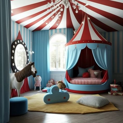 Carnival Interior Design, Circus Kids Room, Circus Playroom, Clown Bedroom, Carnival Bedroom, Circus Baby Room, Circus Nursery Theme, Circus Room Decor, Circus Themed Bedroom