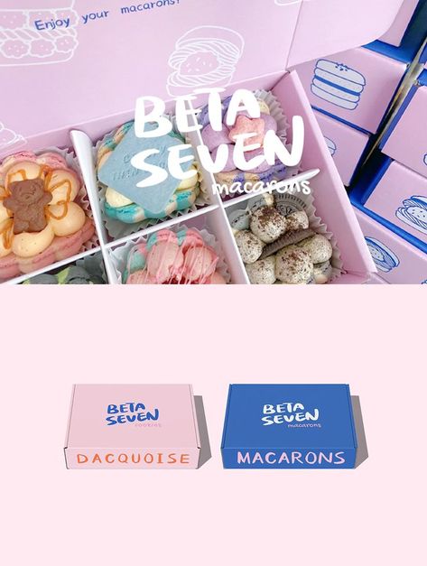 Macarons Packaging Design, Pink And Blue Packaging, Macaron Packaging Design, Macaron Logo Design Ideas, Macaron Logo Design, Dessert Packaging Design Branding, Bakery Packaging Design Stickers, Dessert Branding Design, Korean Food Branding