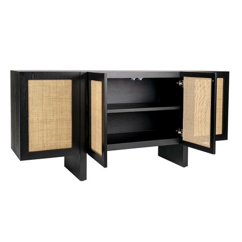 I love the weaved rattan panels, it's charming ✨💕 #rattan #buffet #indoor #indoorfurniture #furniture #livingroom Buffet Cabinet Rattan, Black And Rattan Bar Cabinet, Curved Rattan Cabinet, Black And Cane Sideboard, Black Rattan Sideboard, Small Bedside Table, Interior Design News, Black Ottoman, Cafe House