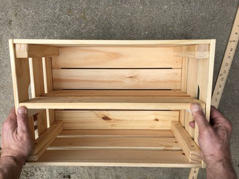 How to Create a Shelf in a Wooden Crate - Perfect for Entertaining Wooden Crate Pantry Storage Ideas, Crates As Shelves On Wall, Shelf Made From Crates, Wood Box Shelf, Stacked Wooden Crates, Wooden Crate Nightstand Diy, Wooden Crate Shoe Storage, Wood Crate Shoe Storage, Diy Wood Crate Shelves