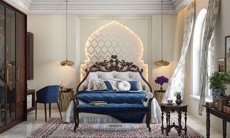 Moroccan Interiors Bedroom, Modern Moroccan Bedroom, Moroccan Style Bedroom, Exotic Bedrooms, Mediterranean House Designs, Classic Bedroom Design, Hotel Room Interior, Furniture Coffee Table, Moroccan Interior Design