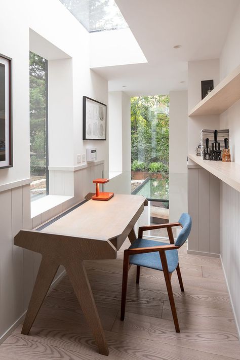 A Rear Extension With A Pivoting Glass Door Has Been Added To This London Home Skylights Architecture, Office Extension, Small Sitting Rooms, Ash Flooring, House In London, Contemporary Home Office, London Home, Modern Office Design, Rear Extension