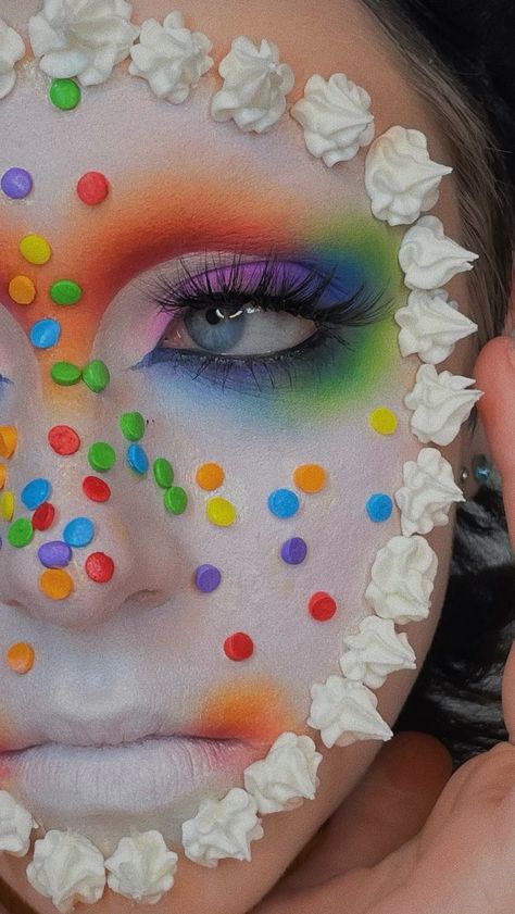 Birthday Cake Makeup Look, Food Makeup Looks, Cake Makeup Look, Anya Tisdale, Birthday Cake Makeup, Creative Face Makeup, Cake Face Makeup, Cake Costume, Cake Makeup