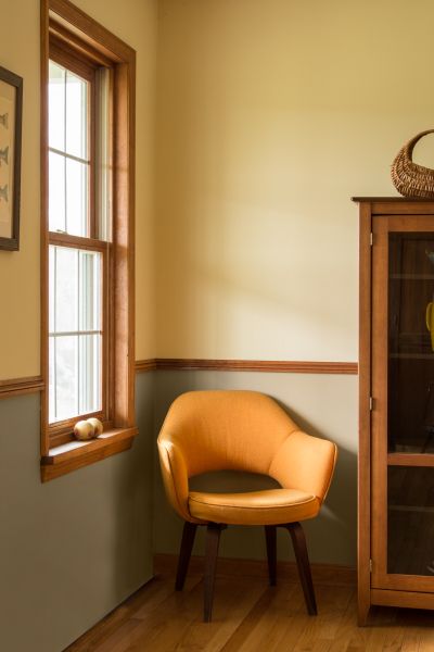 Two Tone Painted Walls - Amykranecolor.com Yellow Walls Wood Trim, Walls With Chair Rail, Golden Paint Color, Chair Rail Paint Ideas, Painting Ideas For Walls, Ideas For Walls, Fellowship Hall, Combining Colors, Trim Wall