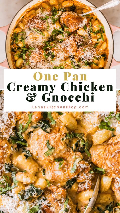 This One Pan Creamy Chicken and Gnocchi recipe is made with Juicy chicken thighs, pillowy gnocchi, and a luxurious cream sauce. All it takes is 25 minutes and a handful of pantry-staple ingredients. One Pan Creamy Chicken, Creamy Chicken And Gnocchi, Creamy Chicken Gnocchi, Chicken And Gnocchi, Gnocchi Dishes, How To Cook Gnocchi, Homemade Comfort Food, Gnocchi Recipe, Chicken Gnocchi