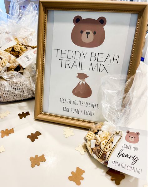 Bear Shower Food Ideas, Teddy Bear Sweets, Bear Trail Mix Teddy Grahams, Teddy Bear Party Ideas First Birthdays, Beary Sweet Birthday, Bear Theme Shower Ideas, First Birthday Treat Bags, Bear Themed Charcuterie Board, Teddy Bear Treats For Baby Shower Boys