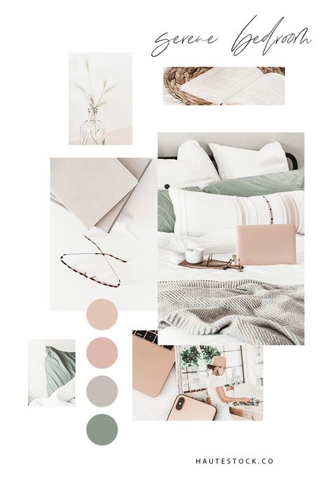 Blush Sage Bedroom, Sage And Blush Bedroom, Home Moodboard, Haute Stock, Bedroom Moodboard, Mood Board Interior, Serene Bedroom, Styled Stock Photography, Interior Design Mood Board