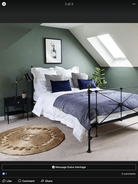 Khaki Bedroom Ideas, Attic Rooms Bedroom, Eaves Bedroom, Bedroom Ideas Green, Slanted Ceiling Bedroom, Sloped Ceiling Bedroom, Khaki Bedroom, Loft Conversion Bedroom, Green Bedroom Walls