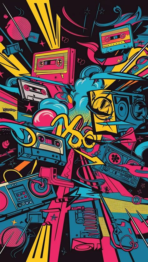 Dive into the vibrant world of 1980s design with our Memphis-inspired wallpaper! Bursting with neon pinks, bright yellows, and deep blues, this lively composition features playful shapes and iconic symbols like cassette tapes and boomboxes. Perfect for adding a pop art flair to any space, this design captures the youthful spirit and artistic freedom of the era. #MemphisDesign #80sWallpaper #PopArt #Nostalgia 1980s Wallpaper, 1980s Graphic Design, 80s Retro Wallpaper, 80s Artwork, 1980s Memphis Design, 1980s Art, Inspired Wallpaper, Iconic Symbols, 1980s Design