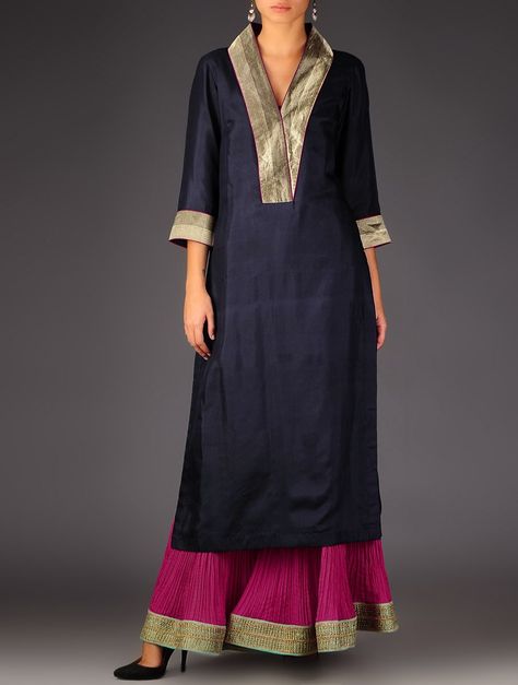 Buy vy Golden Navy Brocade Detailed Silk V Neck Kurta Online at Jaypore.com Border Kurta Designs, V Neck Kurta, Kurta Style, Kurta Neck Design, Salwar Kamiz, Kurta Designs Women, Designer Party Wear Dresses, Indian Attire, Embroidery Suits