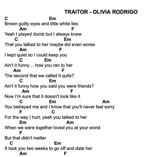 These are the chords for Olivia Rodrigo's "Traitor". *Clean Version for YL Club* SIMPLY HIT “VISIT” to see on Google sheets! Songs Olivia Rodrigo, Piano Letters Songs, Kunci Ukulele, Piano Songs Chords, Ukelele Chords Ukulele Songs, Ukulele Songs Beginner, Akordy Gitarowe, Ukulele Chords Songs, Learn Guitar Chords