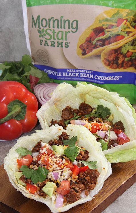 Southwest Chipotle Lettuce Wraps with MorningStar Farms #ad Morning Star Farms Recipes, Morning Star Recipes, Morning Star Recipes Vegetarian, High Protein Plant Based Lunch, Heart Healthy Tofu Recipes, Morningstar Farms Recipes, Raw Vegan Tacos Lettuce Wraps, Healthy Soy Sauce, Vegan California Burrito