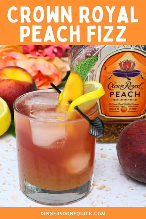 Indulge in a refreshing and flavorful Crown Royal Peach Fizz cocktail! This delightful drink, made with Crown Royal Peach whiskey, is perfect for summer gatherings, parties, or a relaxing evening at home. Impress your guests with this easy-to-make and delicious cocktail. Pin and follow Dinners Done Quick for more unique and tasty cocktail recipes! #CrownRoyalPeach #PeachCocktail #CrownRoyalDrinks #SummerDrinks #CocktailRecipes #WhiskeyCocktails Mixed Drinks With Peach Crown Royal, Peach Crown Royal Drink Recipes, Crown Royal Peach Drinks Recipes, Crown Peach Drink Recipes, Peach Crown Royal Recipes, Crown Apple Drinks Recipes, Salted Caramel Crown Royal, Peach Whiskey Drink, Peach Crown Royal