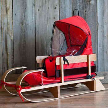 Classic Wooden Deluxe Baby Sled with Cushion and Windshield - Comfortable Back Rest, Reinforcement on the Back of the Skis with Red Polypropylene Cord, Brass Chain Detailing and Clear Coated Finish Toddler Sled, Baby Sled, Awesome Toys, Snow Sled, Snow Blowers, Diy Toddler, Baby Cover, Twin Babies, Winter Fun