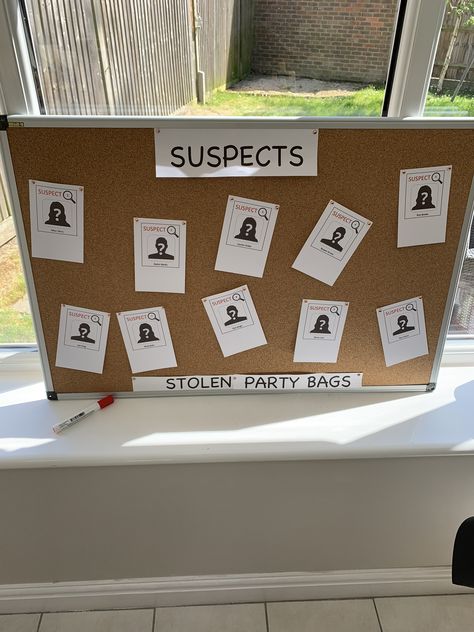 Suspects Board - after each task the kids got to cross out the innocent suspect until the culprit was revealed Detective Decorations, Suspect Board, Church Tables, Hand Scanner, Cross Outline, Black Tablecloths, 3rd Grade Books, Spy Birthday Parties, Detective Party