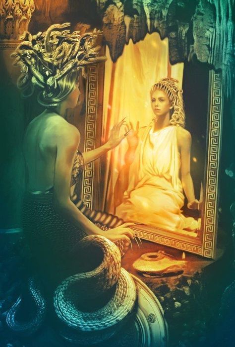 Gorgon Medusa Mirror of Memory Digital Artwork Medusa Painting, Medusa Artwork, Goddess Of The Underworld, Artemis Goddess, Medusa Art, Mount Olympus, Tattoos Geometric, Greek Gods And Goddesses, Greek Mythology Art