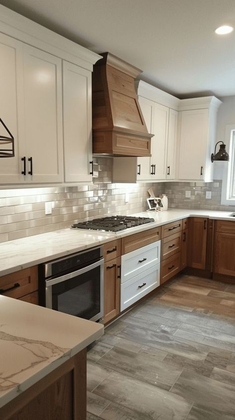 30+ Two-Tone Kitchen Cabinet Color Ideas That will Inspire You Kitchen Colors Schemes White Countertops, White And Stained Cabinets Kitchen, Paint Lower Kitchen Cabinets, Kitchen With Wood Stained Cabinets, Stained Lower Cabinets Painted Uppers, Modern Farmhouse Kitchens Two Tone Cabinets, Natural Colored Kitchen Cabinets, Paint And Stain Kitchen Cabinets, Kraft Maid Kitchen Cabinet Colors