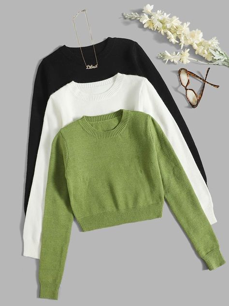 Get discounts for 3pcs Solid Round Neck Sweater and find more styles you'll enjoy.✓Students get an extra 15% off.✓Free Shipping on orders over CA$49+ Womens Basic Tops, Shein Outfits, Round Neck Sweater, Late Fall, Women Sweaters, Easy Trendy Outfits, Women Sweater, Round Neck Sweaters, Simple Trendy Outfits