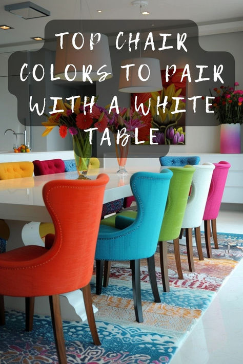 Boost your dining area's aesthetic with the perfect chair colors for your white table. Curious about the most stunning combinations? Click to find out! 🪑🍽️ #DiningRoomDecor #WhiteTables #ChairColors #InteriorDesign #HomeStyling White Dining Table Chair Ideas, White Table Colorful Chairs, Multi Coloured Dining Room Chairs, Chairs For White Dining Table, Colorful Dining Room Chairs, Colored Dining Chairs, Bright Chair, Table 19, White Dining Table