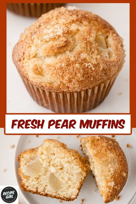 Fresh Pear Muffins recipe from RecipeGirl.com #fresh #pear #muffins #recipe #RecipeGirl Almond Flour Pear Muffins, Pear Butter Muffins, Pear Pumpkin Recipes, Pear Quick Bread Recipes, Asian Pear Muffins, Pear Cupcakes Recipes, Pear Muffins Recipes Easy, Fresh Pears Recipes Easy, Bosc Pears Recipes