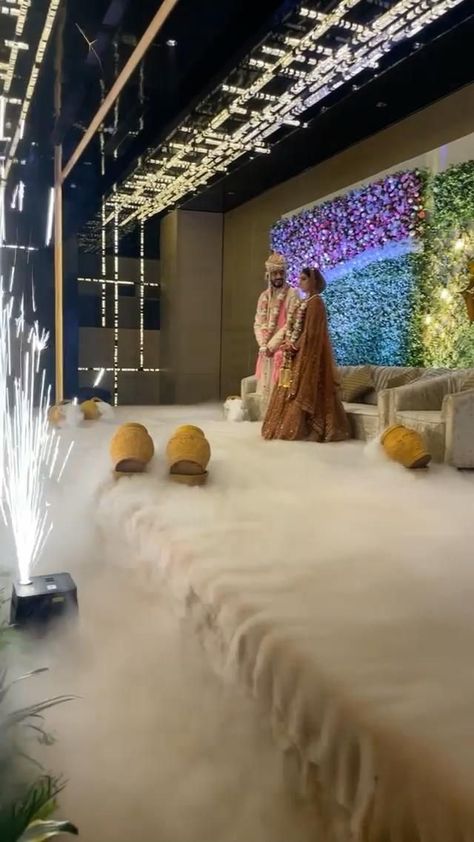 Dreamy Bridal Entry, Varmala Stage Wedding Decorations, Wedding Special Effects, Varmala Stage Decoration Indian Weddings, Varmala Stage Decor Ideas, Engagement Event Ideas, Jaimala Stage Decoration Indian, Special Entry For Couple, Fog Entry Wedding