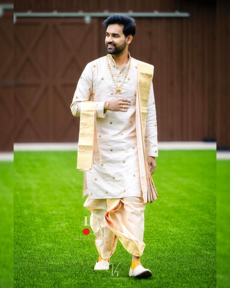 Men's designer embroidery pellikoduku shopnow wedding season photography Hyderabad US Indian marriage trending Pattu Wedding Dress For Men, Pelli Dress For Men, Talambralu Dress For Men, Groom Dhoti Wedding, Pattu Dhoti For Men, Saptapadi Dress For Men, Traditional Dhoti Kurta For Men, Dothi Style Dress For Mens, Pattu Kurta For Men