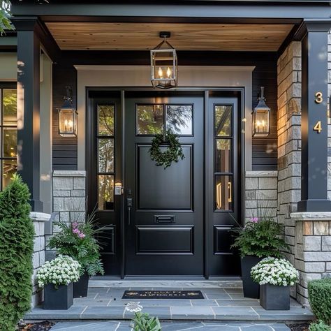 Black Door House Exterior, Front Door Colors Black, Black Front Entry Door, Modern Front Door With Sidelights, Recessed Front Door Entrance, Black Exterior Doors Front Entry, Entryway Doors Exterior, Front Doors With Side Lights, Black Front Door Hardware