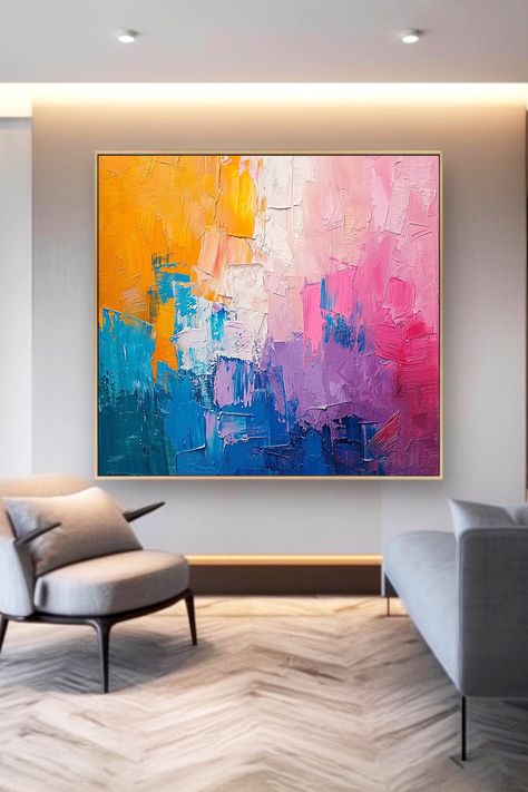 Original handmade abstract painting with vibrant orange, pink, blue, and purple colors, featuring bold textured brushstrokes and palette knife techniques Pink Orange And Blue Wall Art, Blue And Pink Abstract Painting, Pink And Blue Abstract Art, Pink Blue Green Abstract Painting, Pink And Blue Abstract Wallpaper, Blue And Purple Abstract Painting, Blue Abstract Art, Handmade Artwork, Blue Abstract