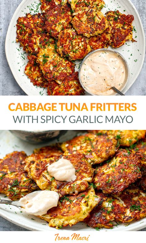 These crispy, cheesy tuna cabbage patties (or fritters) with spicy garlic mayonnaise are perfect for lunch, brunch or dinner. Serve with a big salad for a satiating, nutritious meal. Also great as finger food! These cabbage tuna patties are keto, low-carb, and gluten-free. Tuna And Cabbage Recipes, Ground Tuna Recipes, Tuna Cabbage Salad, Tuna Cabbage, Cabbage Patties, Tuna Broccoli, Crispy Tuna, Garlic Mayonnaise, Fish Patties