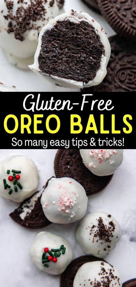 Learn how to make gluten-free Oreo balls with this easy step-by-step recipe! Here you will find the best way to dip Oreo truffles, creative decorating ideas and expert storage tips. Gluten Free Oreo Cake Pops, Oreo Balls Gluten Free, Healthy Oreo Balls, Gluten Free Air Fryer Snacks, Cake Pops Gluten Free, Easy Christmas Treats Gluten Free, Gluten Free Cake Balls, Gluten Free Oreo Truffles, Gluten Free Truffle Balls