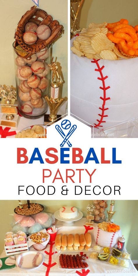 Fun and affordable baseball themed Birthday party!  Food and decor ideas to make it memorable. Baseball Theme Centerpiece Ideas, Baseball Birthday Party Decorations Diy, Baseball Party Snacks, Diy Baseball Party Decorations, Ball Park Food Ideas, Baseball Theme Food, Atlanta Braves Birthday, Baseball Party Centerpieces, Baseball Tailgate