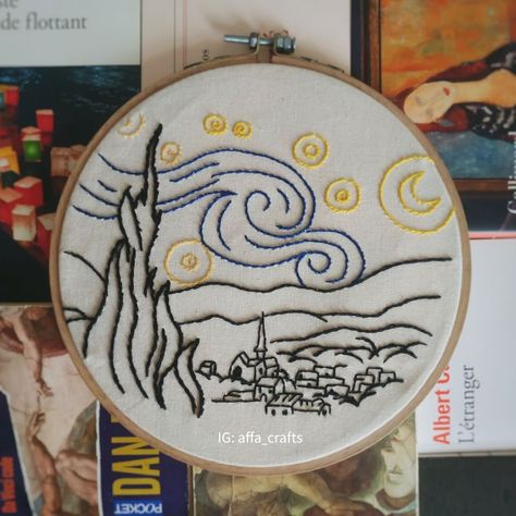 Embroidery starry night ✨Van Gogh Starry Nights Embroidery, The Starry Night Embroidery, Embroidered Starry Night, Starry Night Van Gogh Embroidery, Van Gogh Embroidery Simple, Starry Night Embroidery Pattern, Van Gogh Embroidery Patterns, Starry Night Gift Ideas, Bathroom With Gold Accents