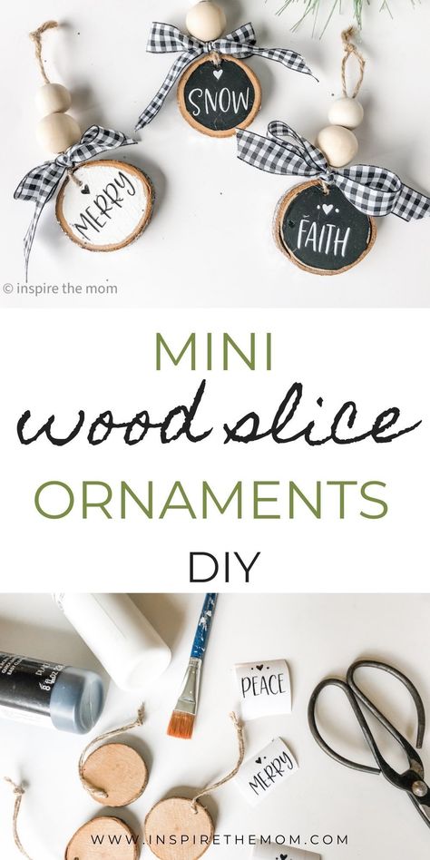 Using your Cricut and a handful of craft supplies, learn how to make these cute, mini, one-word, wood slice ornaments. #cricut craft #wood slice ornaments #small wood ornaments #cricut design #christms ornament diy #christmas wood slice ornament #project #craft #Cricut Christmas #homemade gift idea #homemade ornament Log Slices Ideas Diy Projects, Round Tree Slices Ideas, Small Wood Circle Crafts Diy, Wood Ornaments Diy Tree Slices Vinyl, Small Wood Rounds Crafts Diy Projects, Wooden Round Ornaments Wood Slices, Small Wooden Rounds Crafts, Small Round Wood Crafts, Wood Round Christmas Ornaments Diy