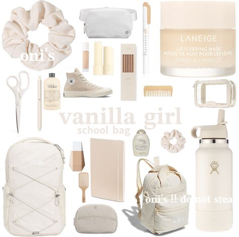 #vanilla #vanillagirl #aesthetic #beigeaesthetic #beige #school #cute #vanillagirlaesthetic Vanilla Girl School Essentials, Vanilla School Aesthetic, That Girl School Bag, Vanilla School Supplies, Clean Girl School Bag, Beige School Supplies, Beige School Aesthetic, Vanilla Girl Backpack, Clean Girl School Supplies